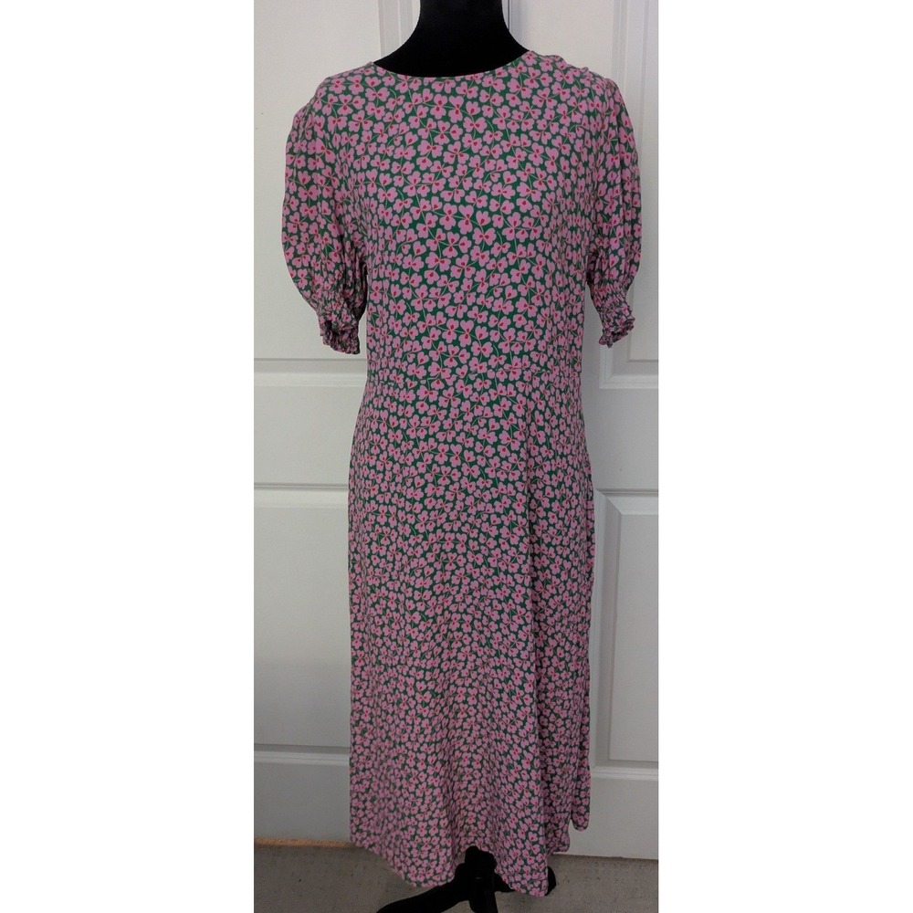 Boden Corinne Floral Midi Dress Pink Green Bias Cut Short Sleeve Size 10R